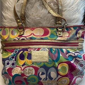 Y2K LIMITED EDITION Coach Multicolor Logo Circle Tote with Gold Metallic Trim